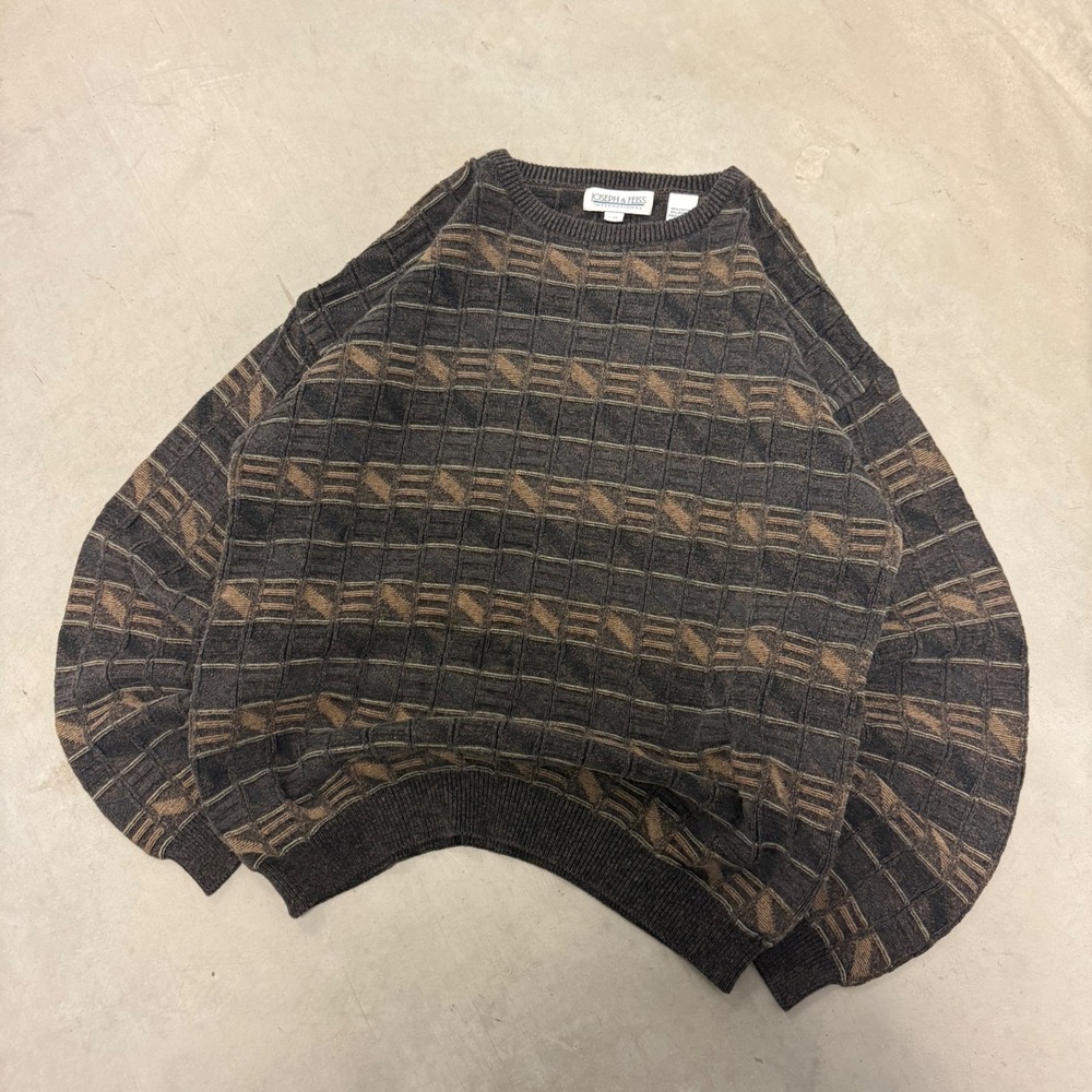 Joseph & Feiss Mens Brown Textured Geometric Knit Crewneck Sweater Large